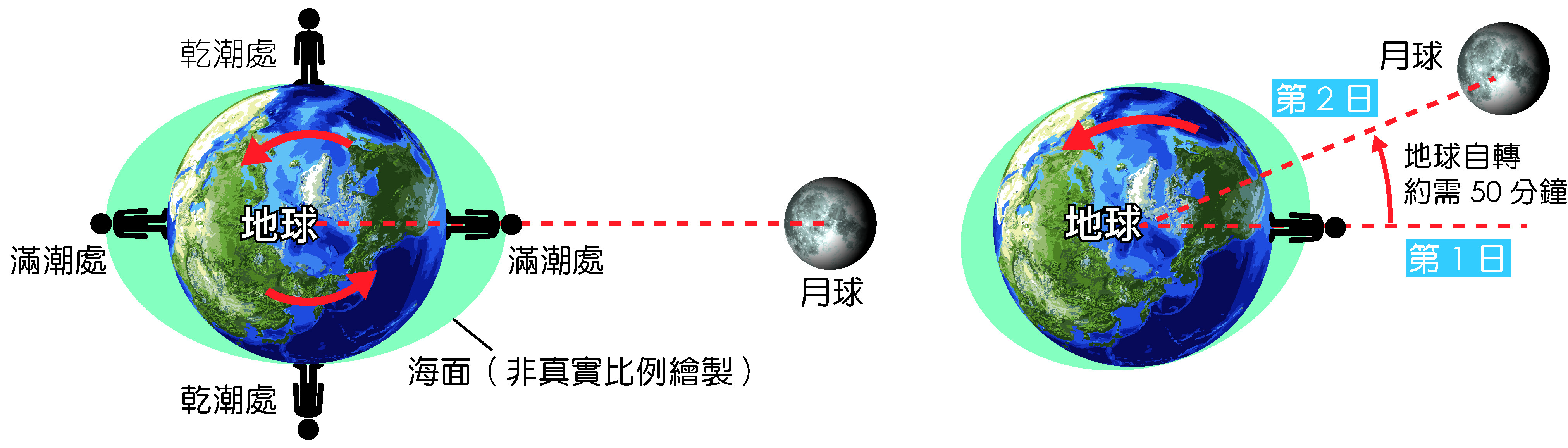 滿潮位置隨月地連線運行變化示意圖